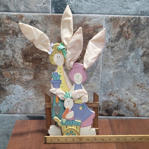 Easter Decor Wooden Three Bunny Rabbts Cloth Ears - Picture 9 of 13